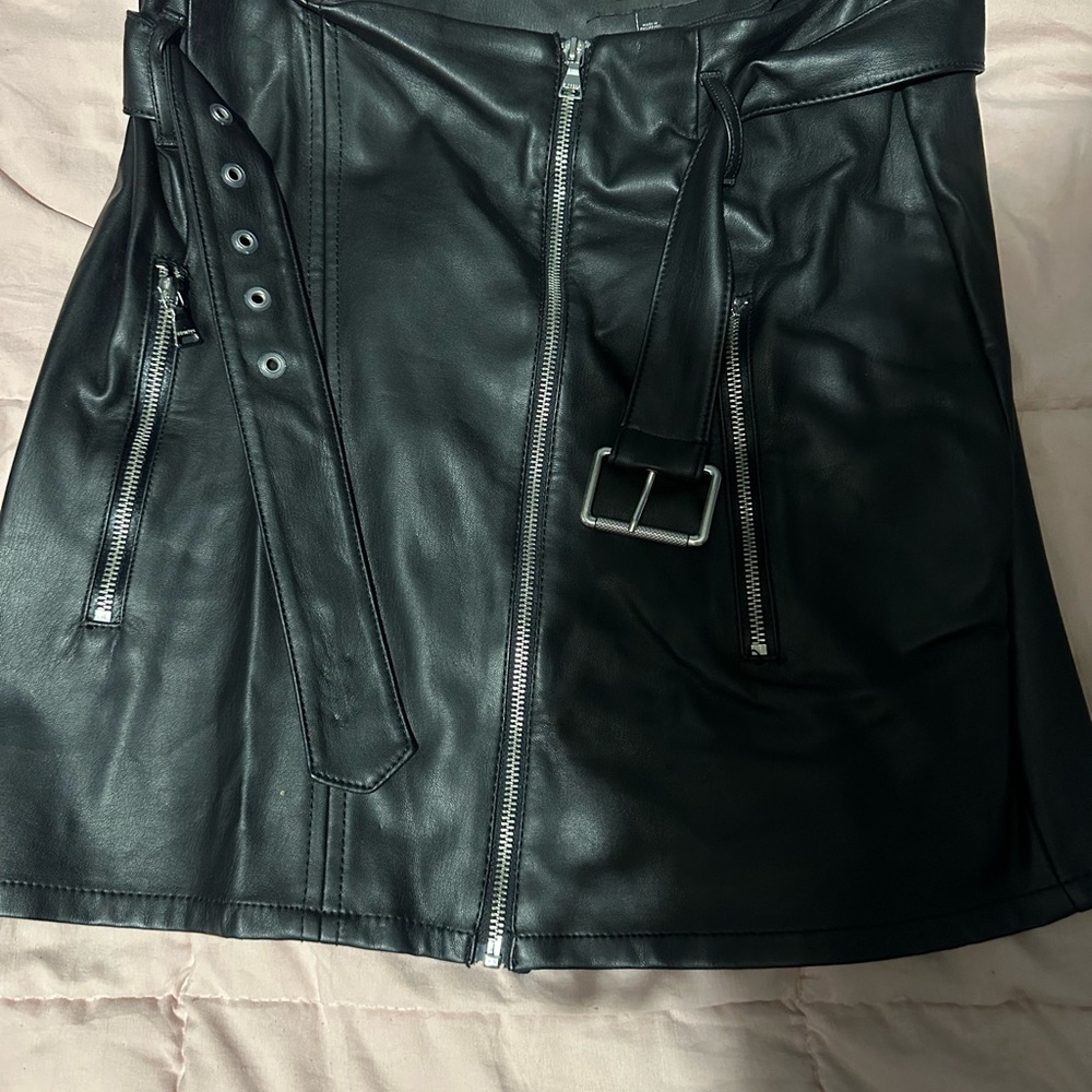 Faux Leather Black Zipper Skirt with Belt
